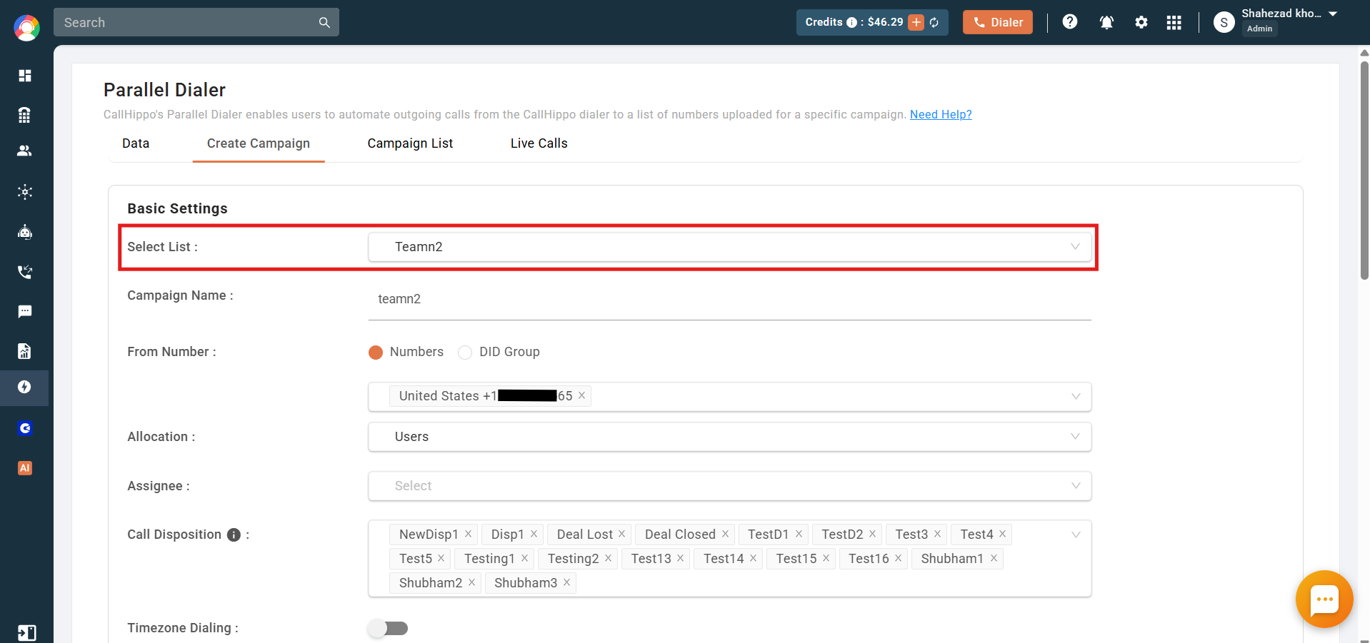 Parallel Dialer Create Campaign tab with the Select List dropdown highlighted showing a chosen list
