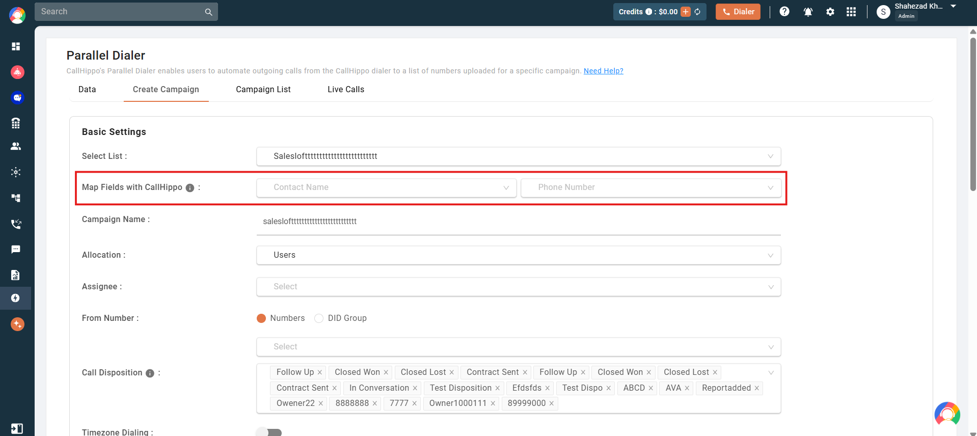 Create Campaign with the Map Fields with CallHippo dropdowns highlighted for selecting the contact name and phone number fields