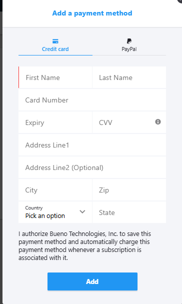 Add a payment method form with Credit card and PayPal options and card detail fields