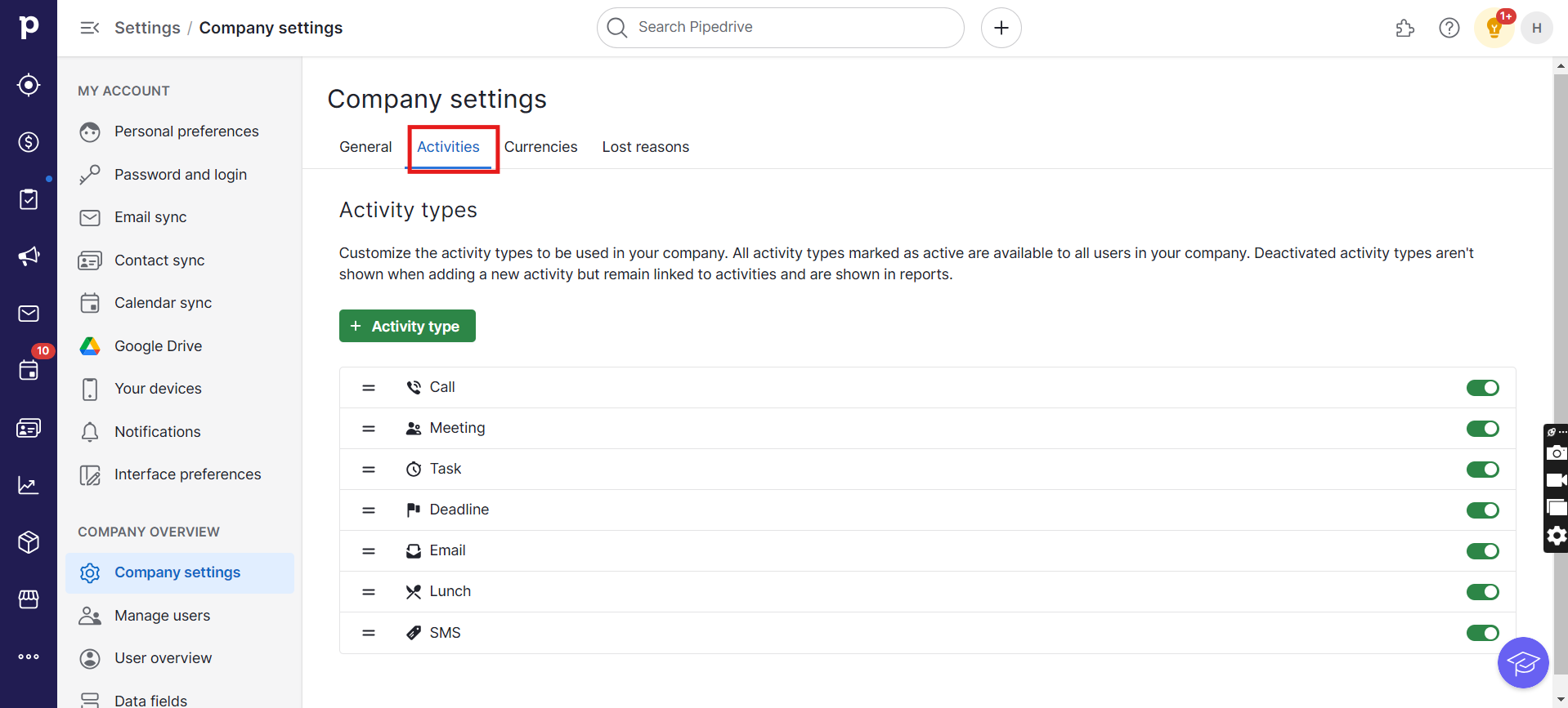 Pipedrive Company settings Activities tab with activity types