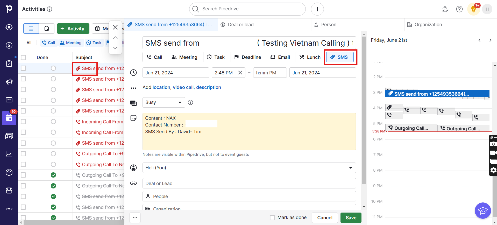 Pipedrive activity showing the custom activity label