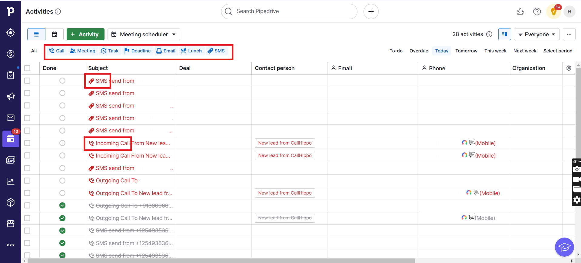 Pipedrive Activities filtered by activity type