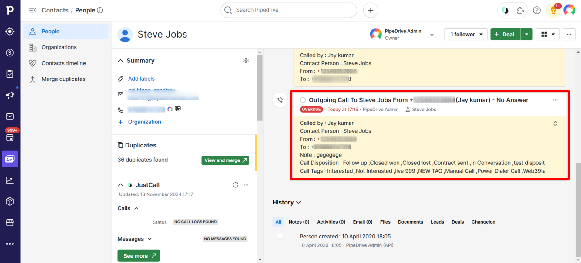 Pipedrive contact call note showing call disposition and tags from After Call Work