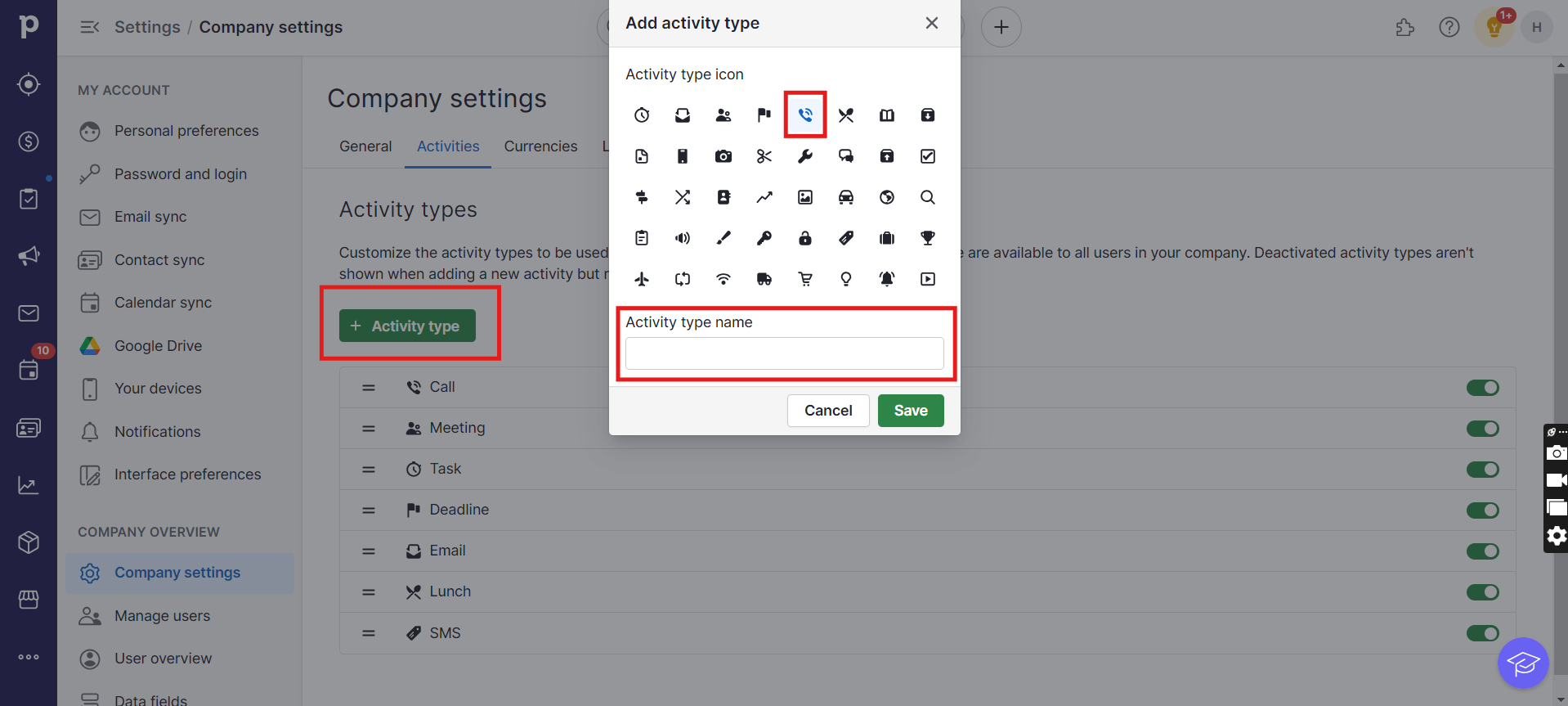 Pipedrive Add activity type popup with icon and name fields
