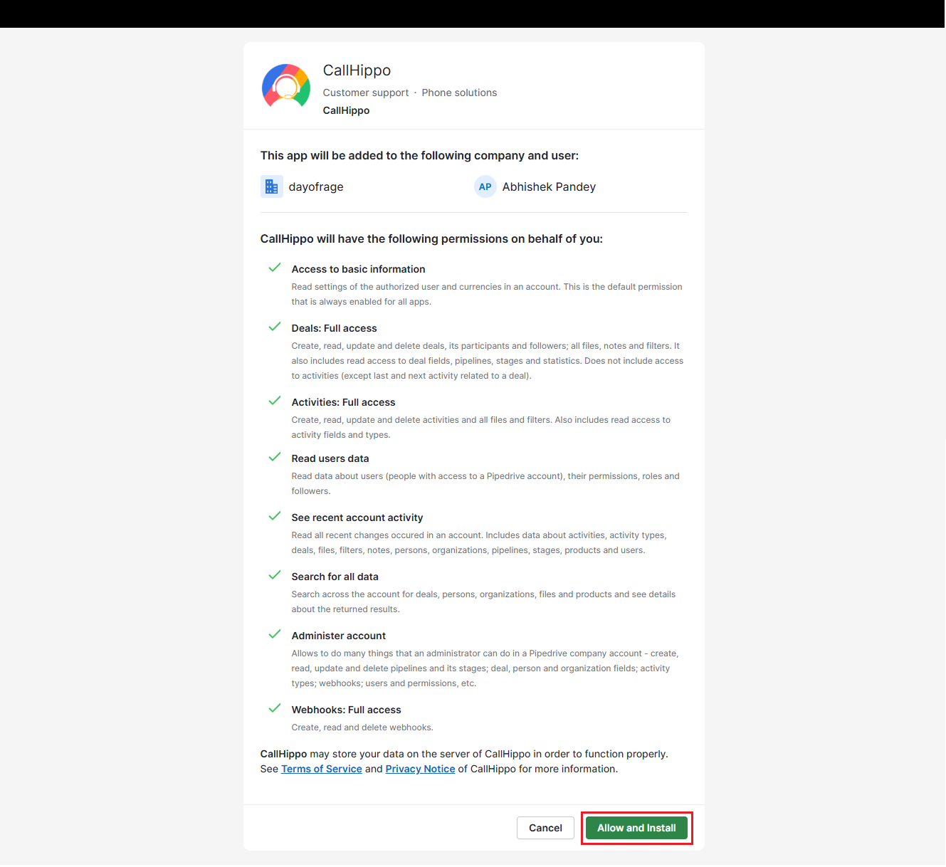 Pipedrive permissions page with the Allow and Install button