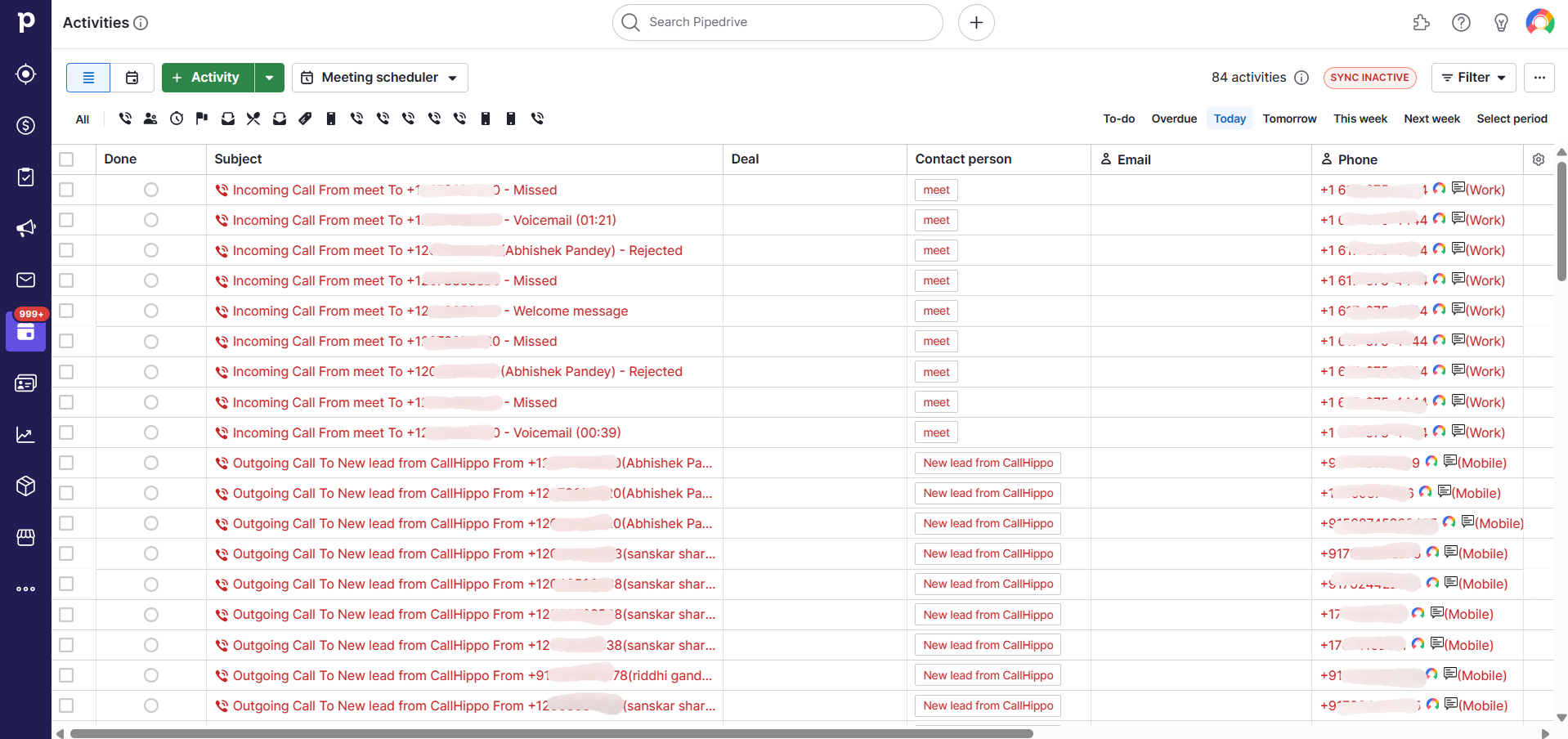 Pipedrive Activities list showing synced CallHippo call logs