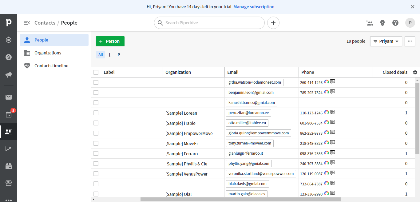 Pipedrive contacts list with CallHippo click-to-call icons next to phone numbers