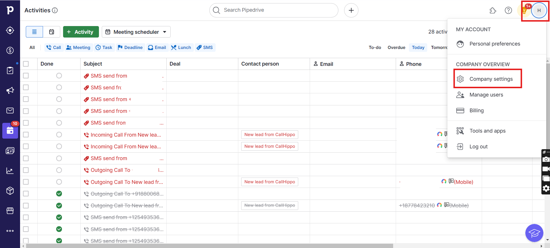 Pipedrive profile menu with the Company settings option