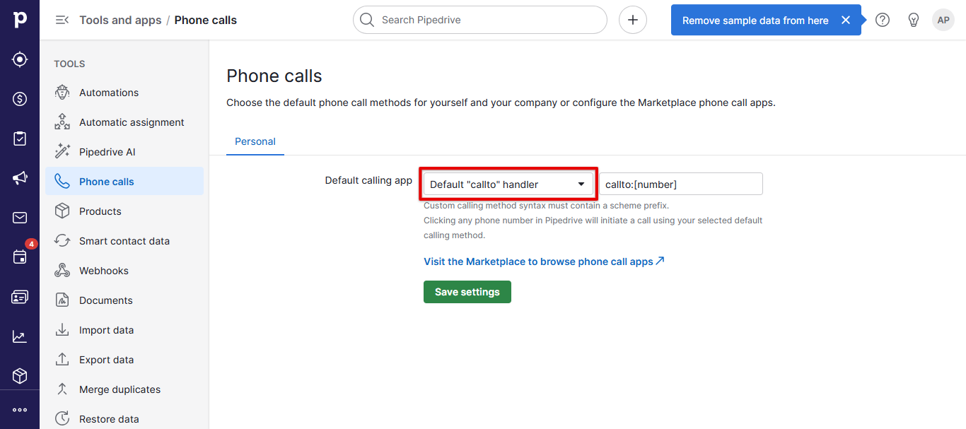 Pipedrive Phone calls with the Default callto handler selected