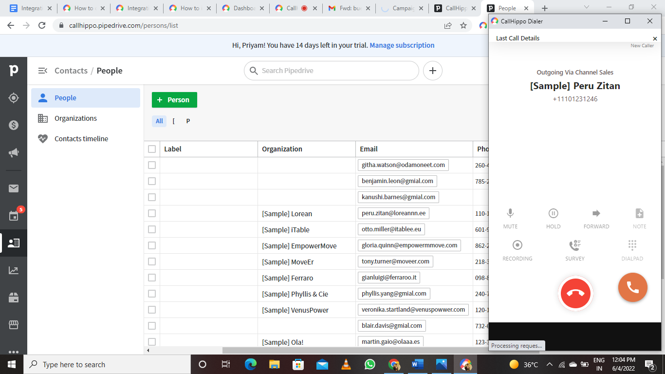 CallHippo dialer placing a call from Pipedrive