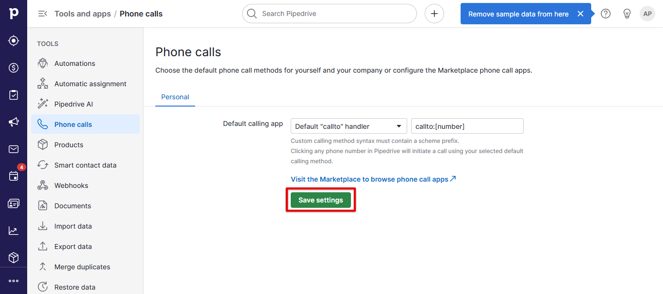Pipedrive Phone calls Save settings button