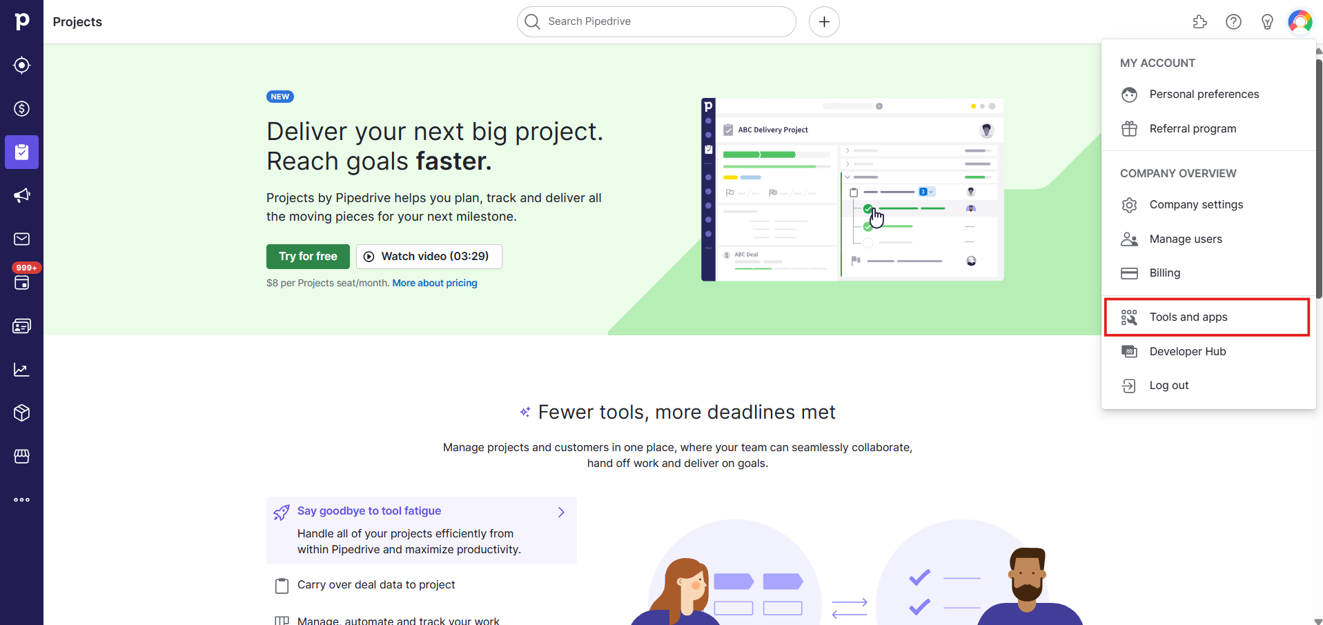 Pipedrive profile menu with the Tools and apps option