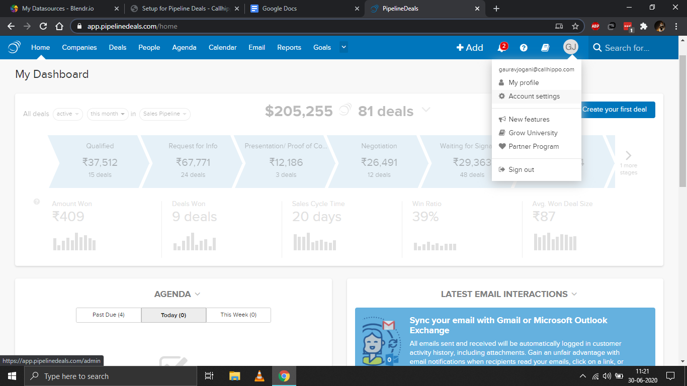 PipelineDeals dashboard with the profile menu open and Account settings highlighted