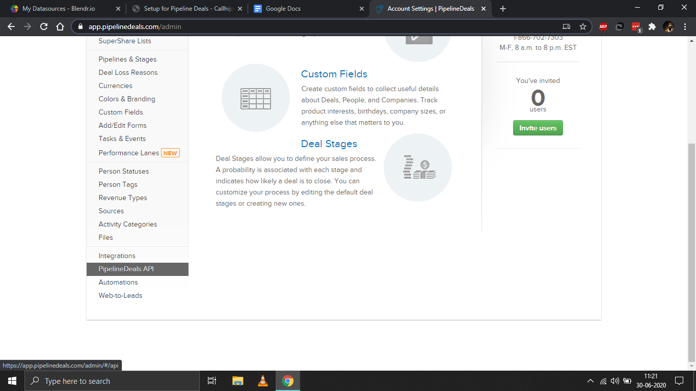 PipelineDeals account settings sidebar with the PipelineDeals API tab selected