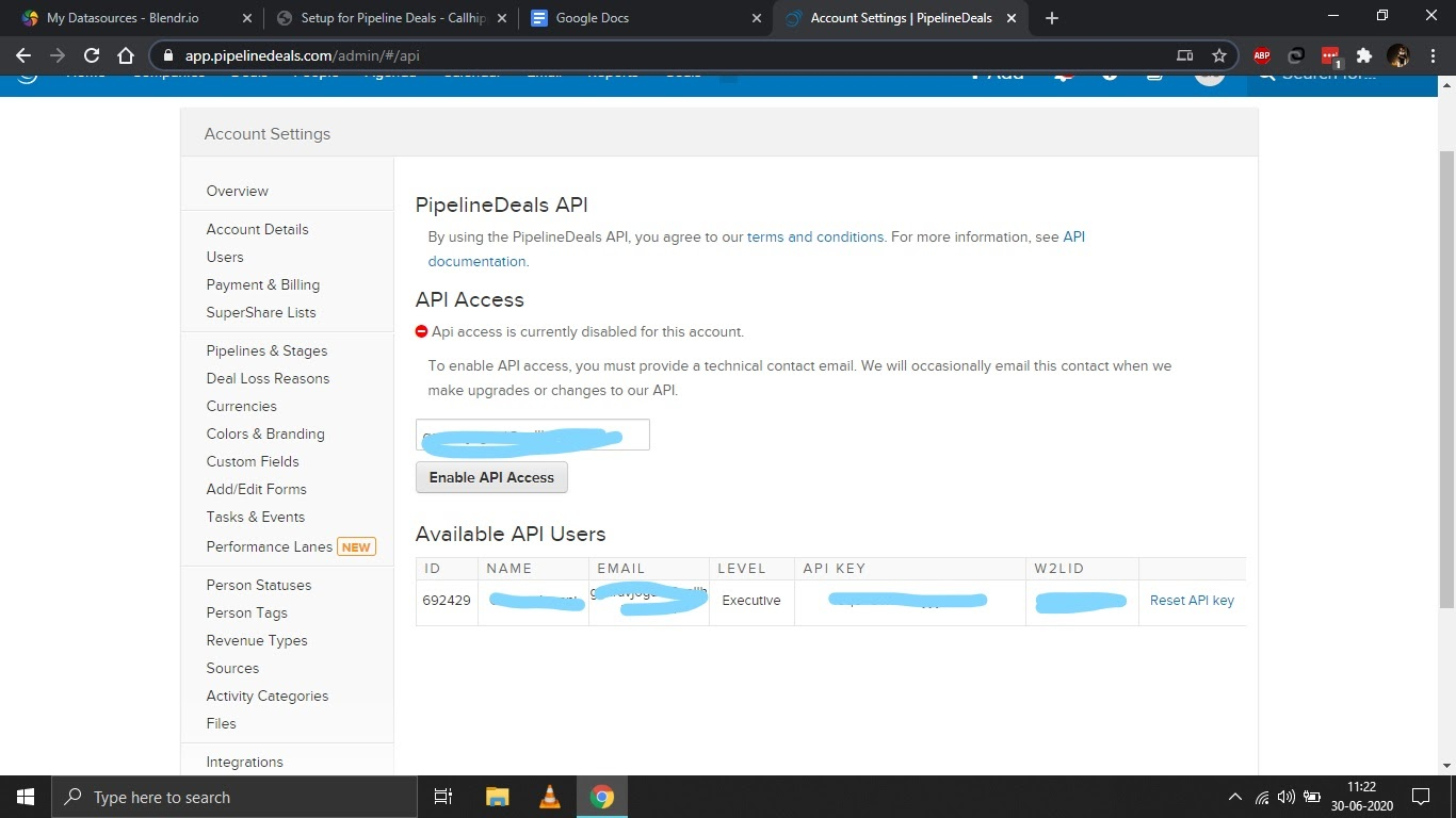 PipelineDeals API page showing the Enable API Access button and email field