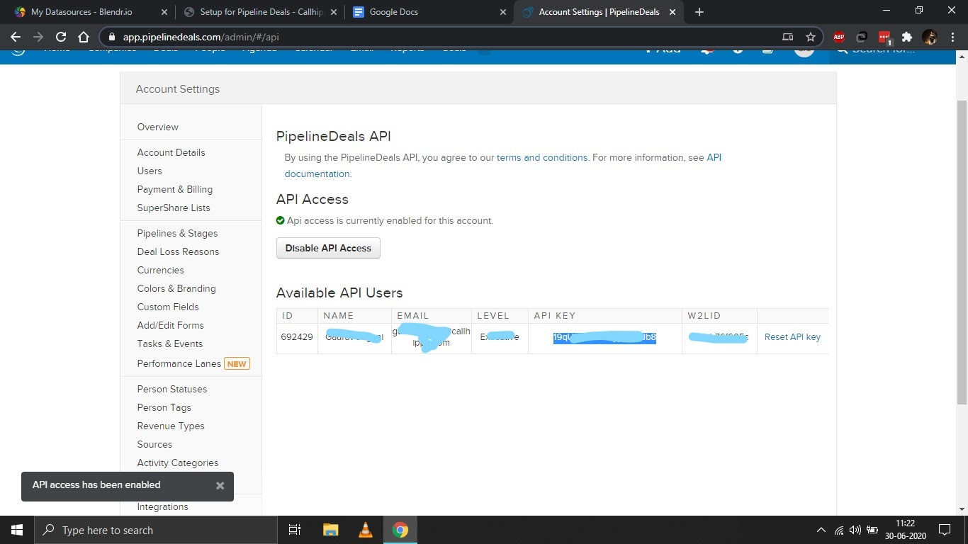 PipelineDeals API page with access enabled and the API key visible in the users table