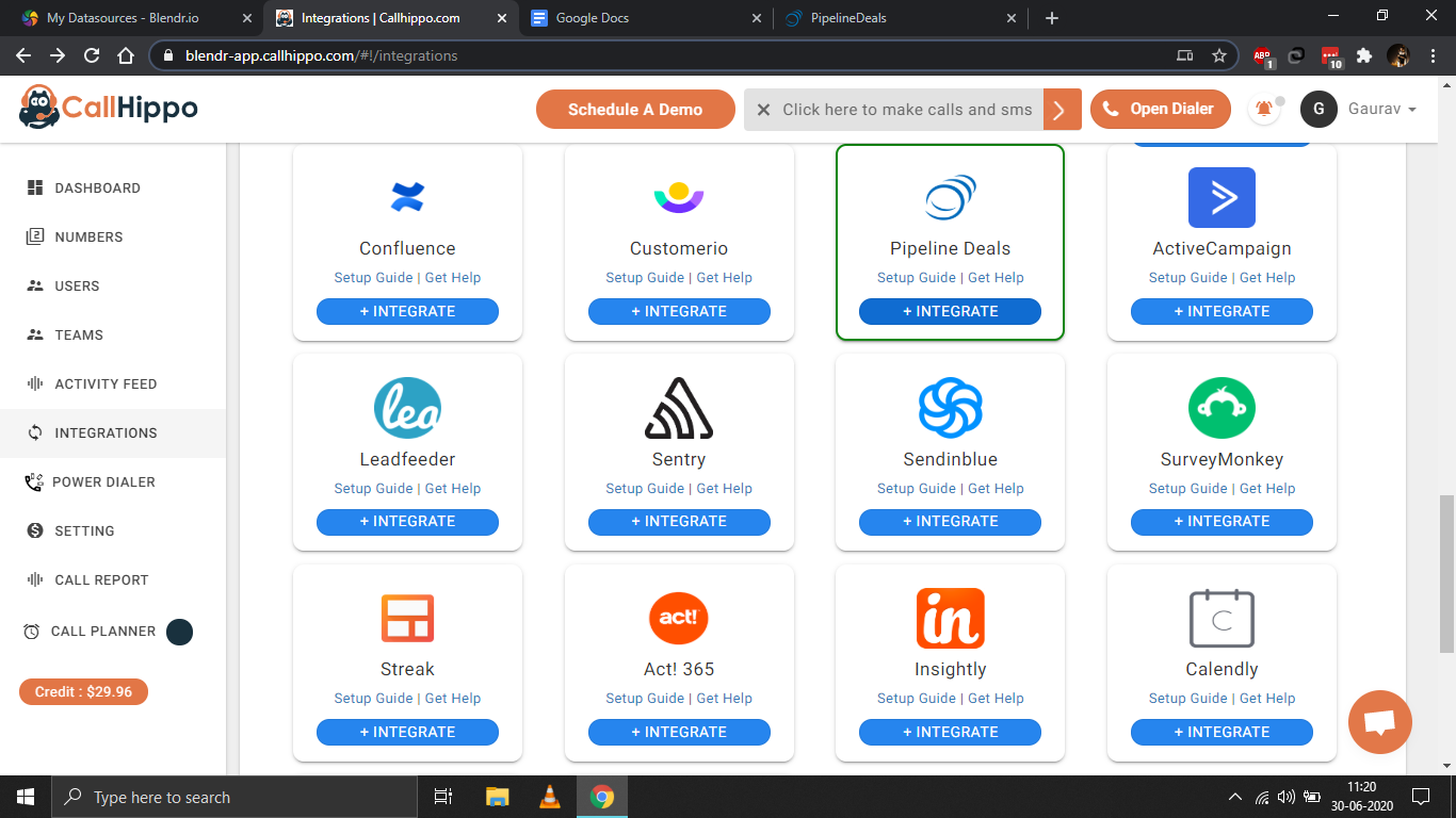CallHippo Integrations grid with the Pipeline Deals Integrate button