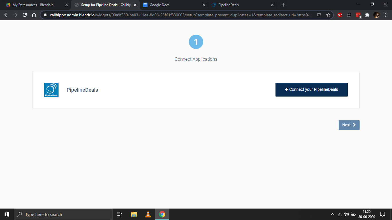 CallHippo setup page with the Connect your PipelineDeals button