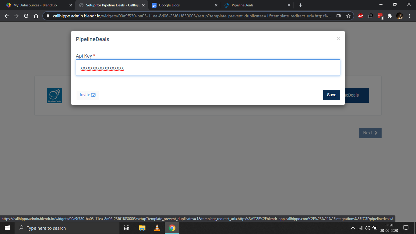 CallHippo PipelineDeals dialog with the API Key field to paste your key