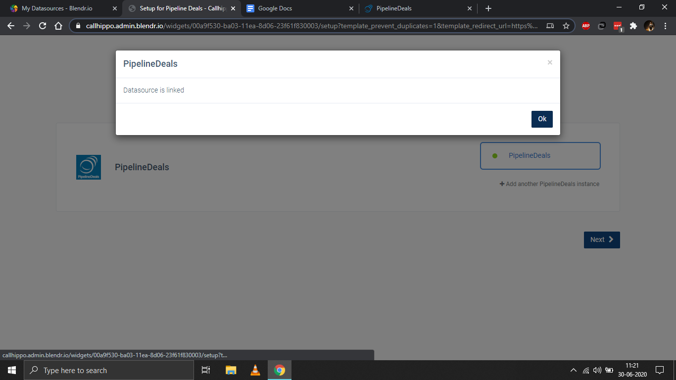 CallHippo PipelineDeals dialog showing the Datasource is linked confirmation