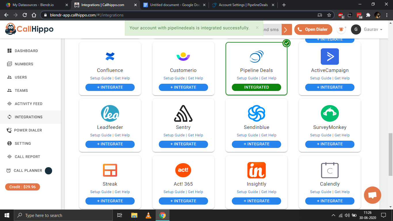 CallHippo Integrations grid showing Pipeline Deals with an Integrated status