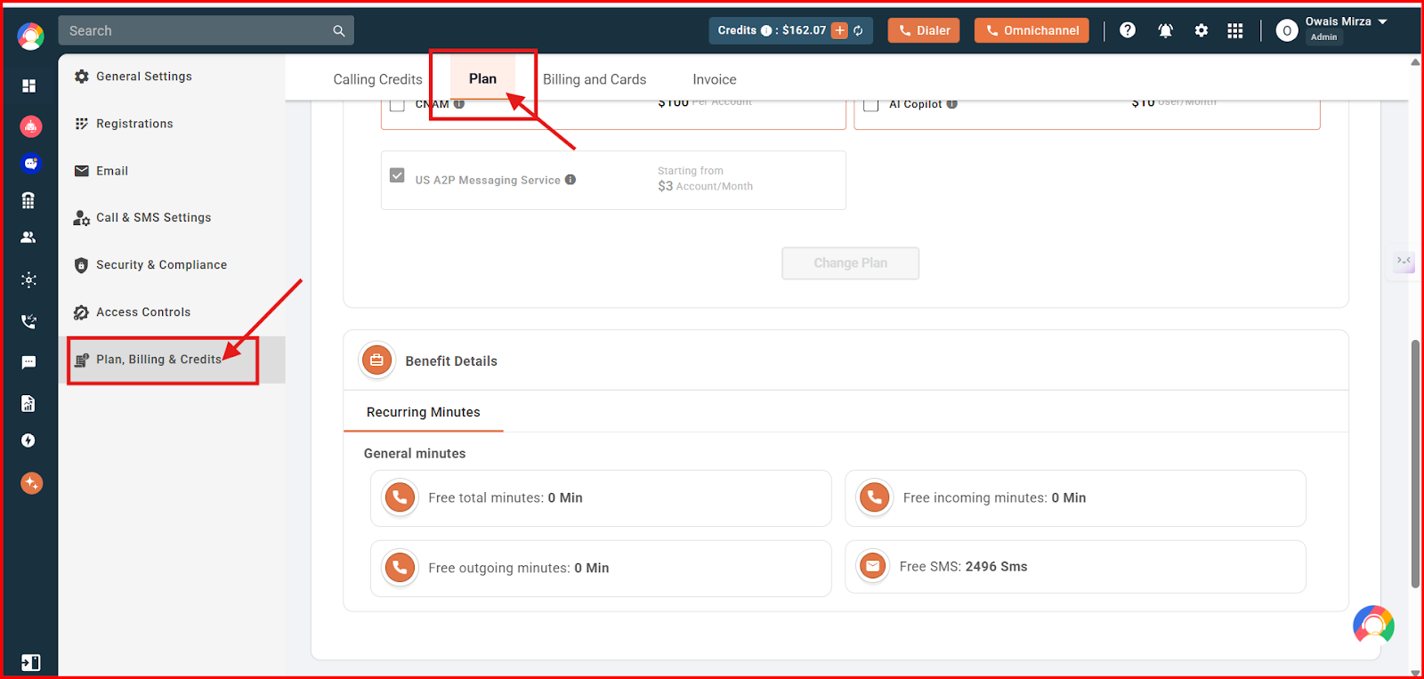 Settings page showing Plan, Billing and Credits in the left menu and the Plan tab selected