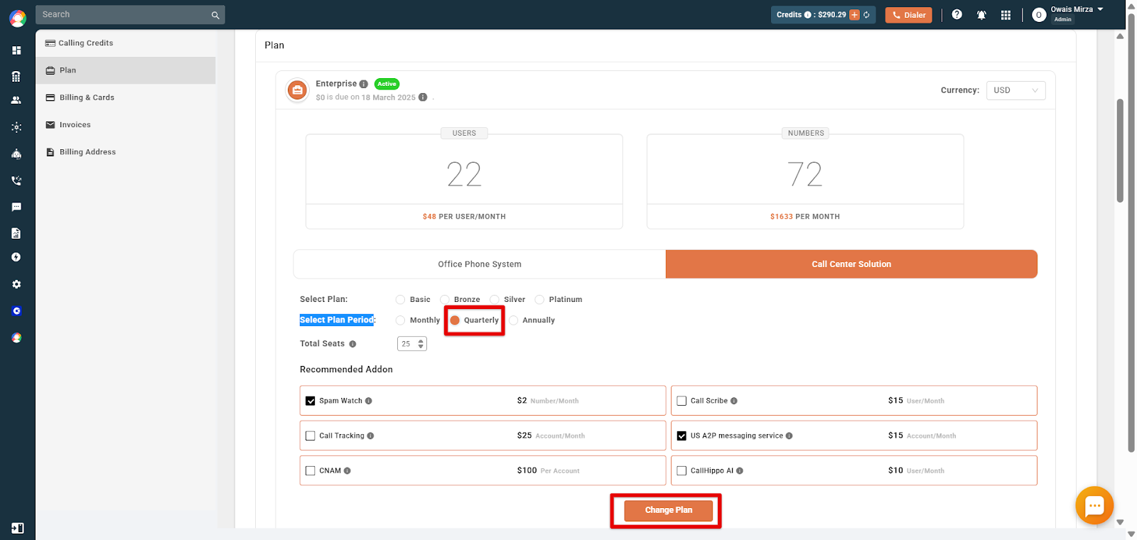 Select Plan Period toggled to Quarterly with the Change Plan button highlighted