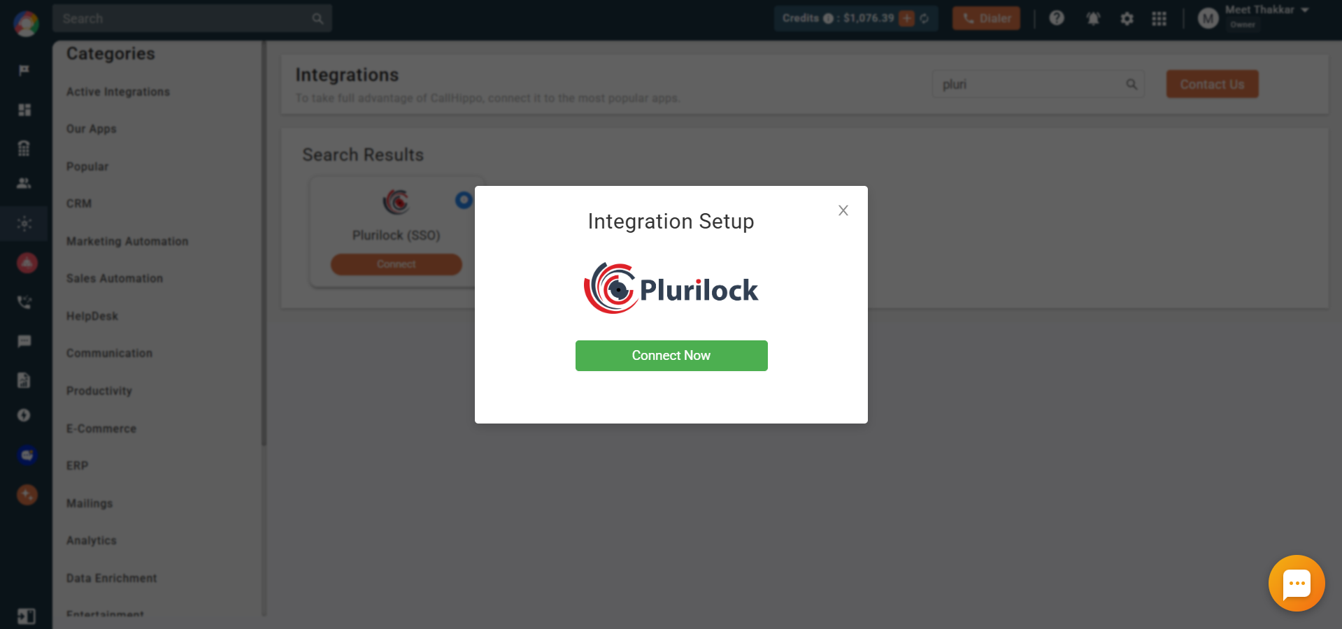 Plurilock Integration Setup popup with Connect Now button