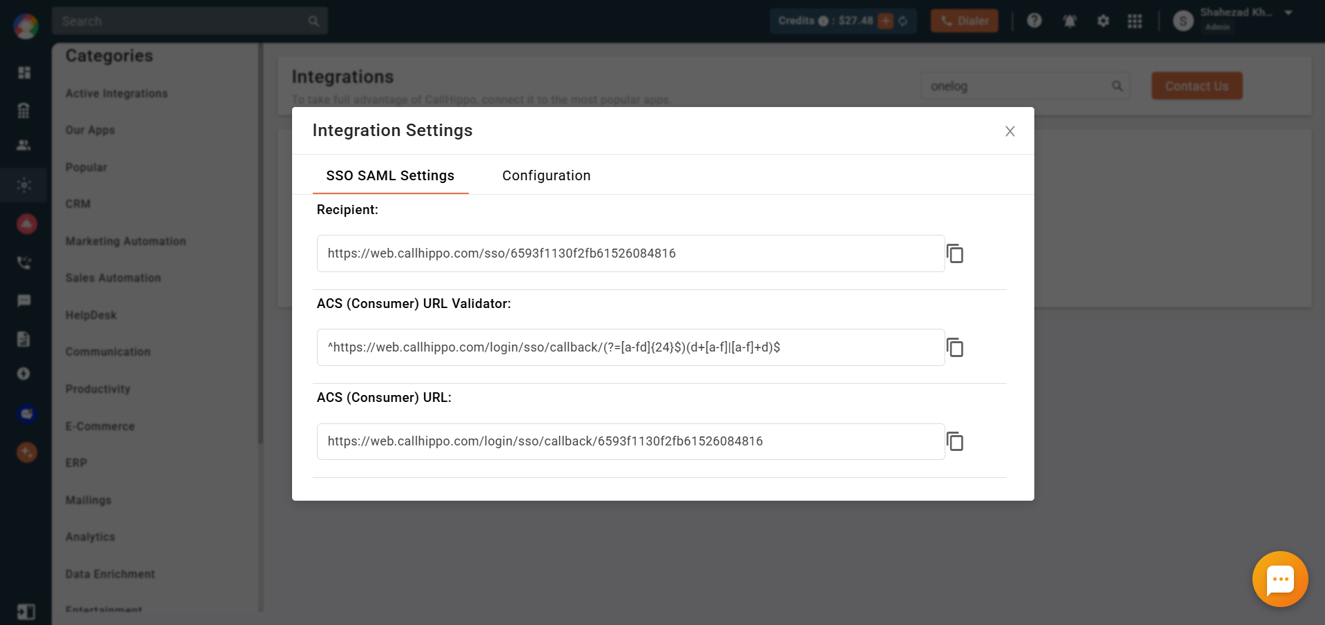 Integration Settings SSO SAML tab showing Recipient and ACS Consumer URLs to copy