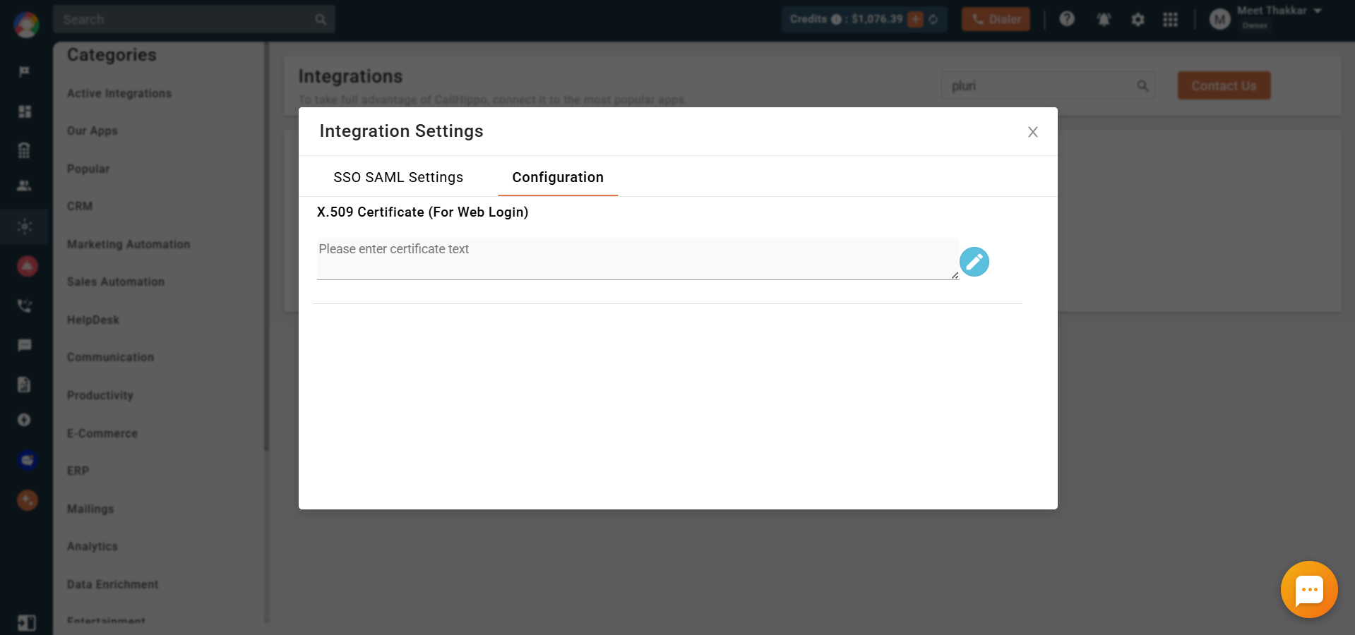 Configuration tab with empty X.509 certificate field in CallHippo Plurilock settings