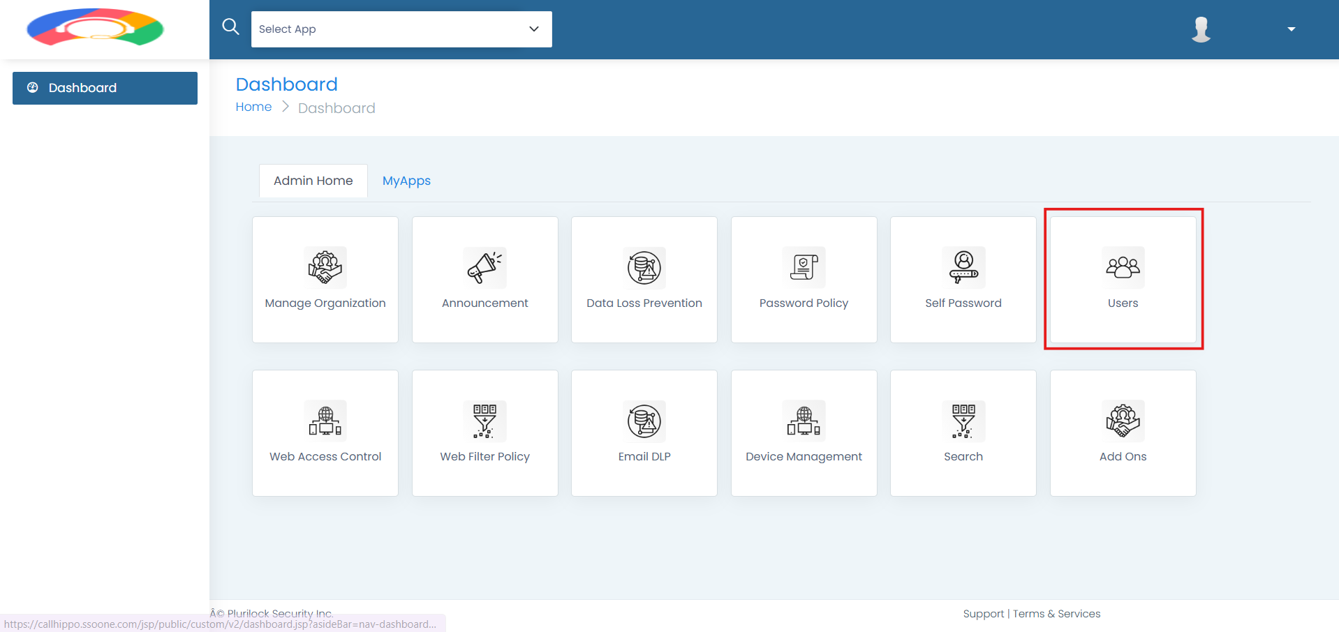 Plurilock admin dashboard with Users tile highlighted