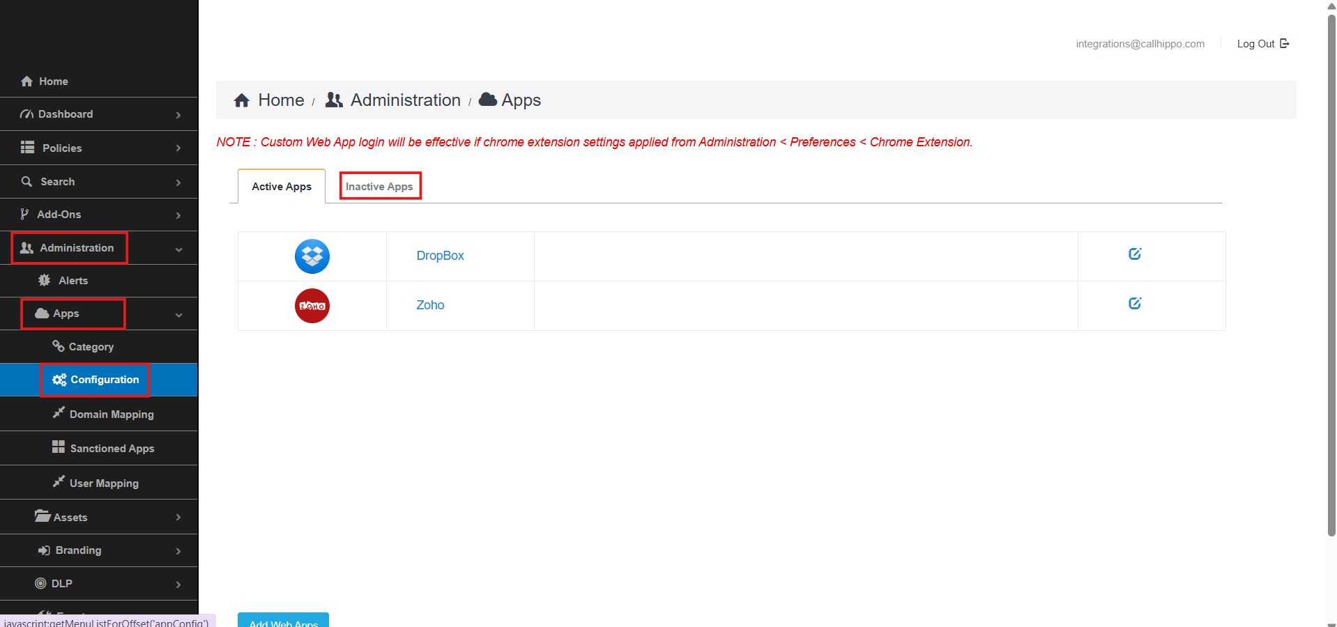 Plurilock Administration Apps Configuration page with Active and Inactive Apps tabs