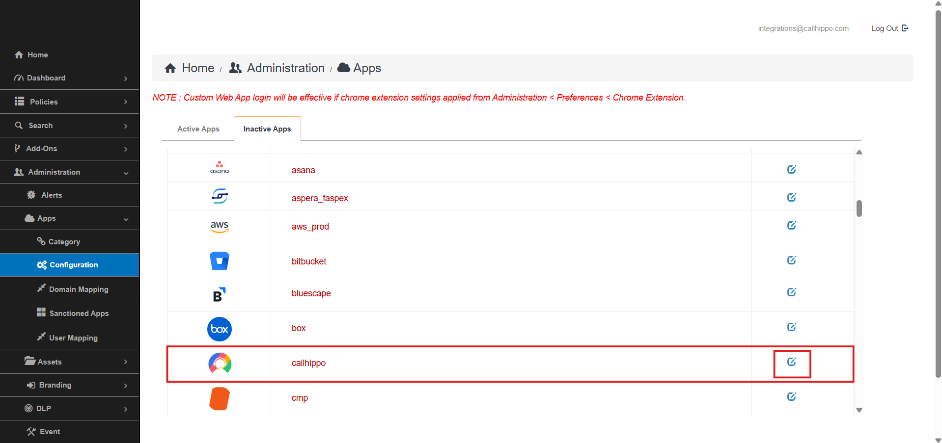 Inactive Apps list in Plurilock with the callhippo app and configure button highlighted