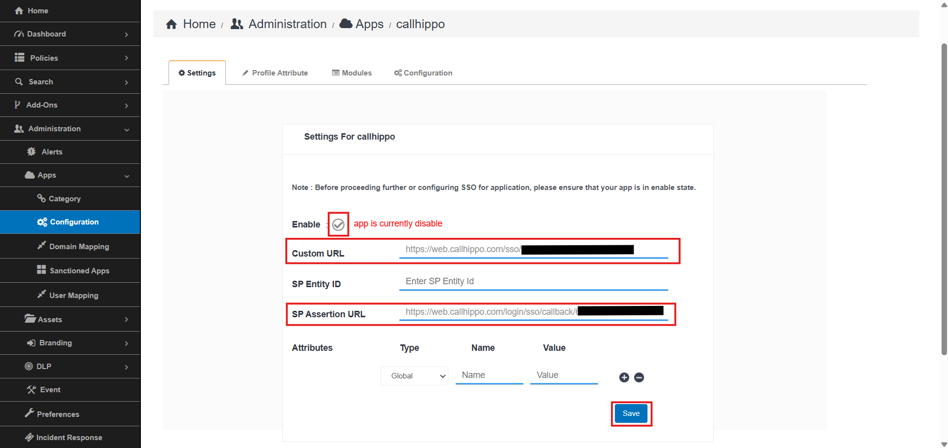 Plurilock Settings for callhippo showing Enable toggle, Custom URL, SP Entity ID and SP Assertion URL fields
