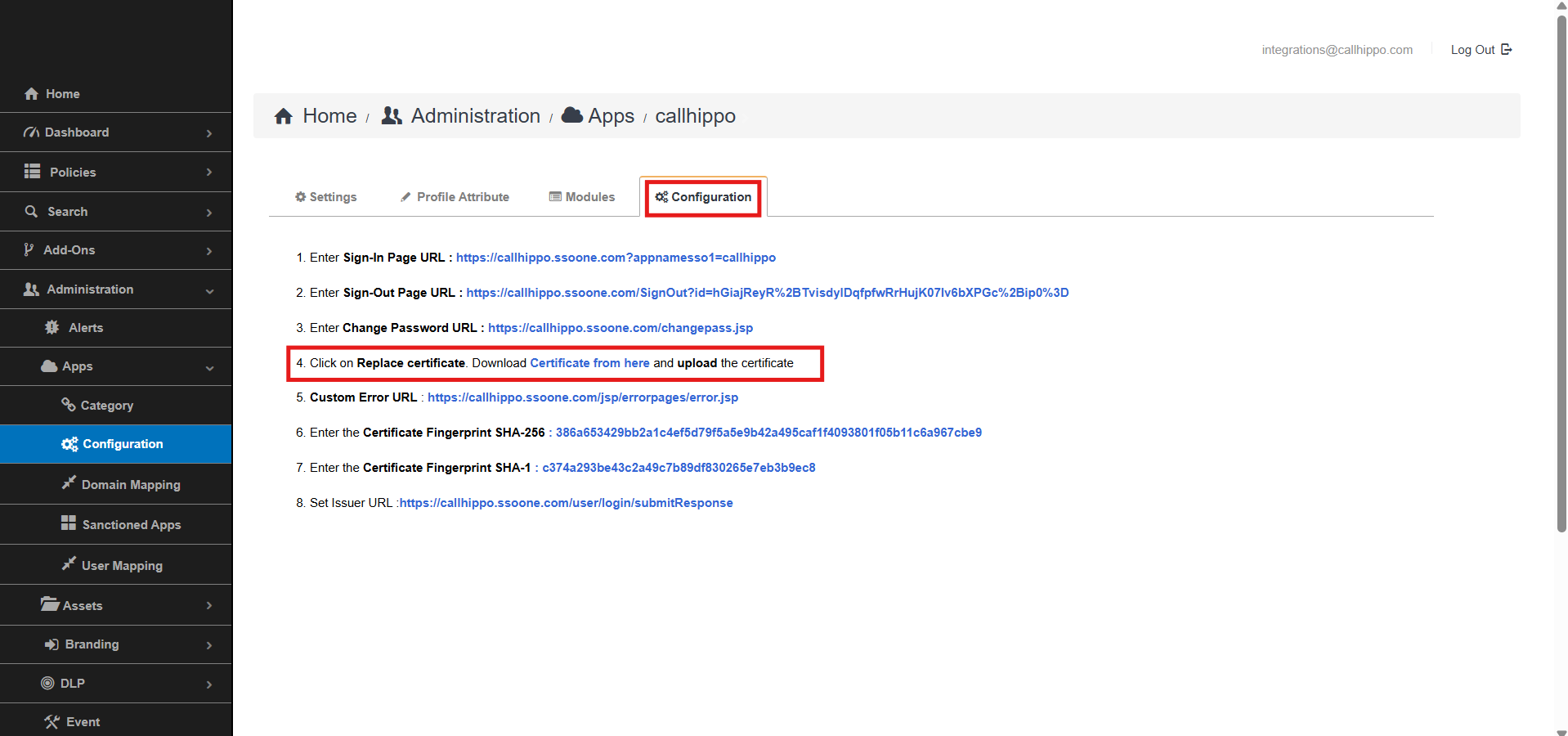 Plurilock callhippo Configuration tab with Download Certificate from here highlighted