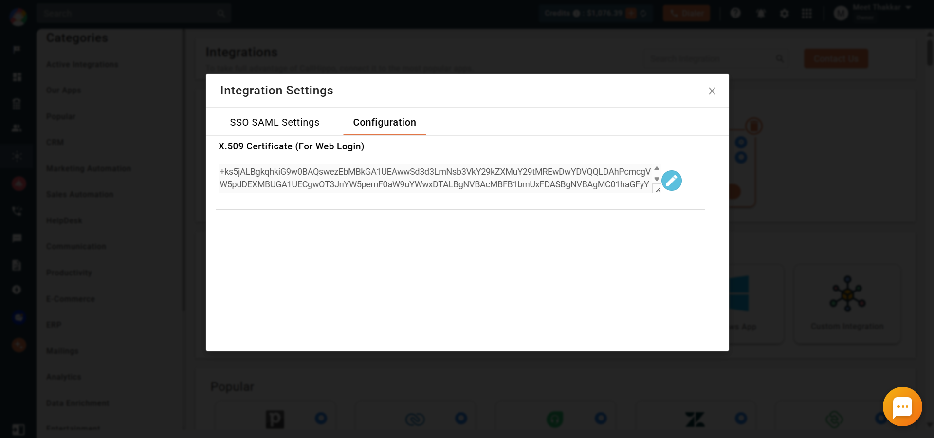 Plurilock certificate pasted into the X.509 certificate field in CallHippo Configuration tab
