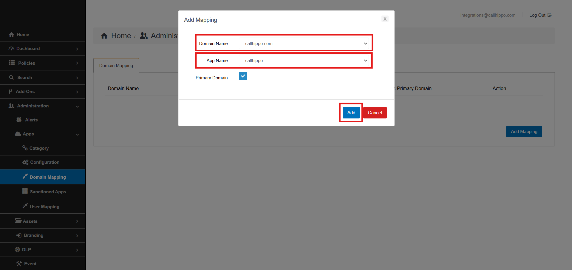 Plurilock Add Mapping popup with Domain Name callhippo.com and App Name callhippo