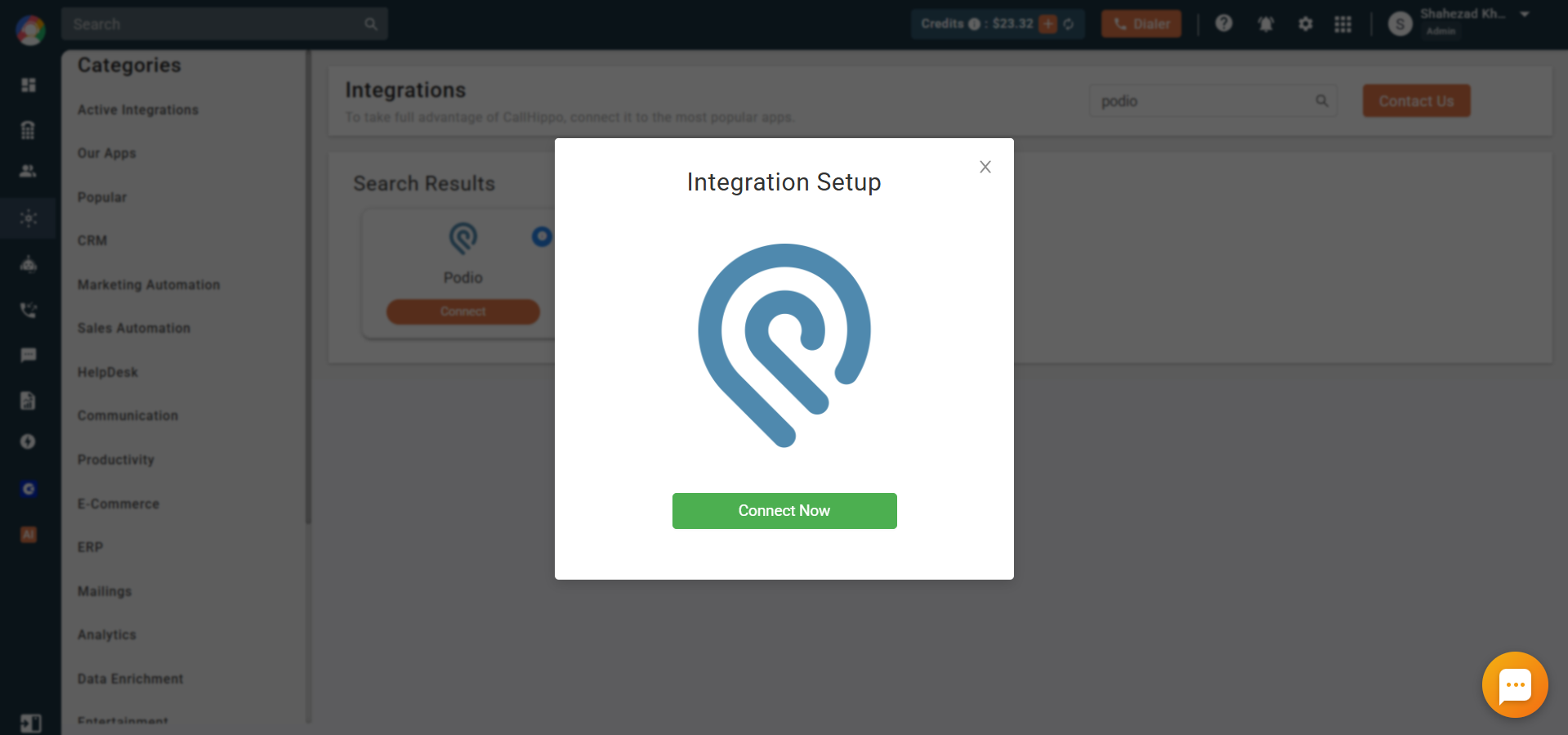 Podio Integration Setup popup with the Connect Now button in CallHippo