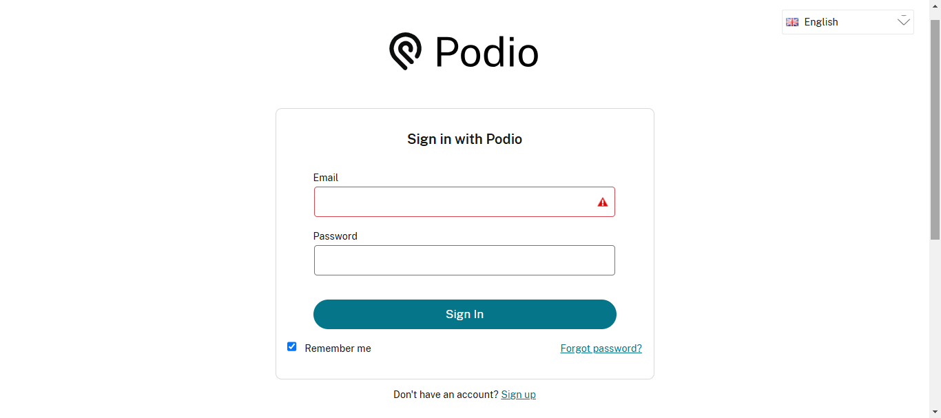 Podio sign-in screen asking for email and password
