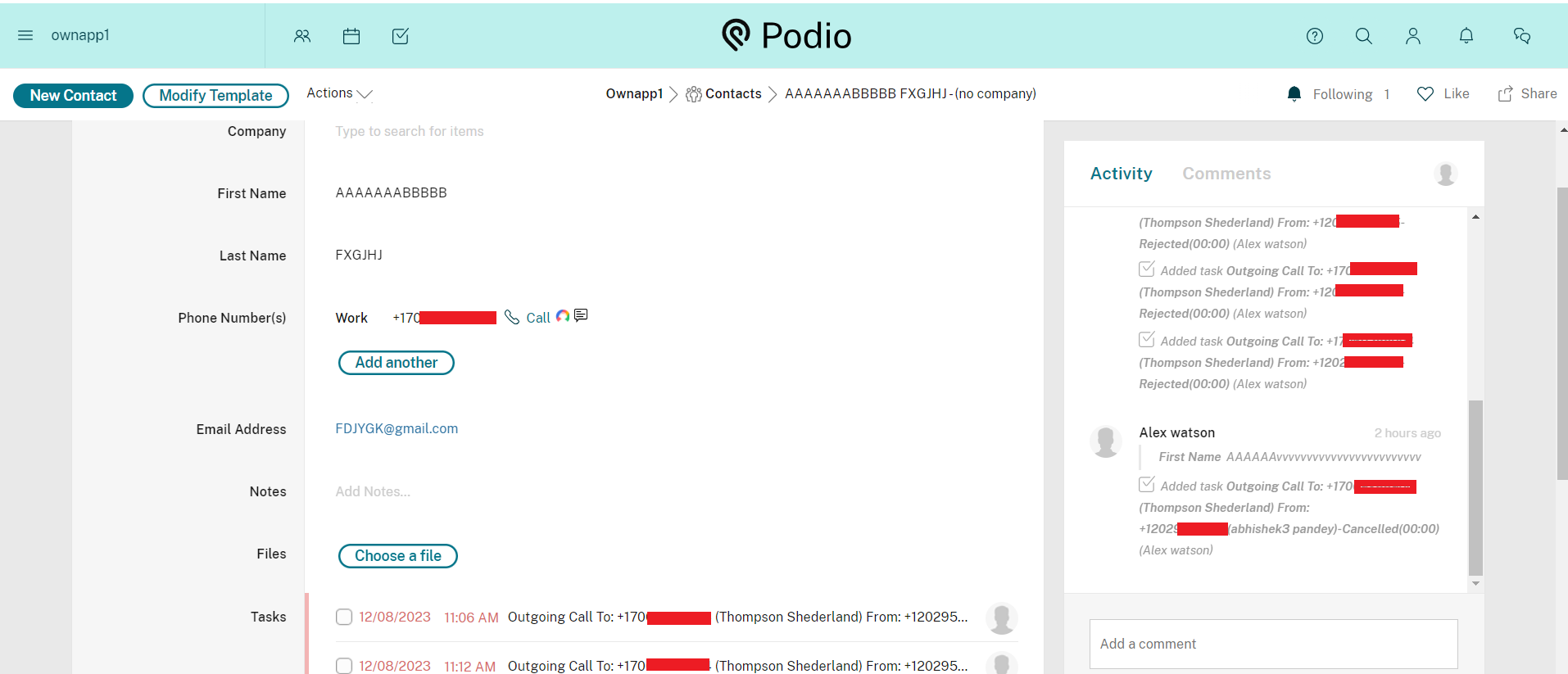 Podio contact detail page showing CallHippo call log activity and tasks