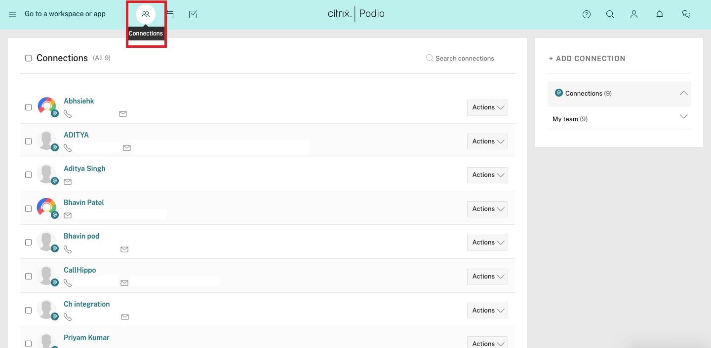 Podio Connections view listing synced CallHippo contacts