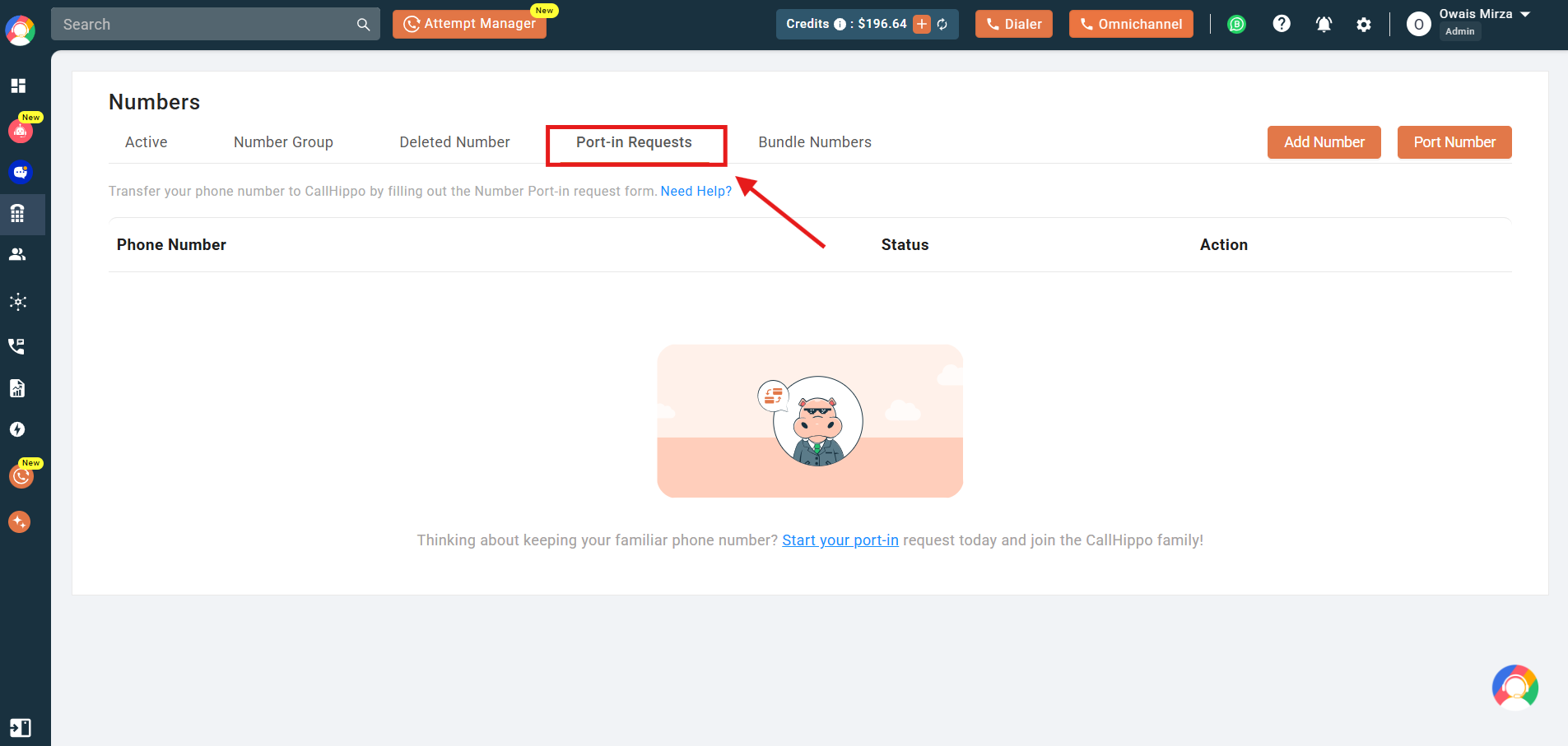 Port-in Requests tab highlighted on the CallHippo Numbers page