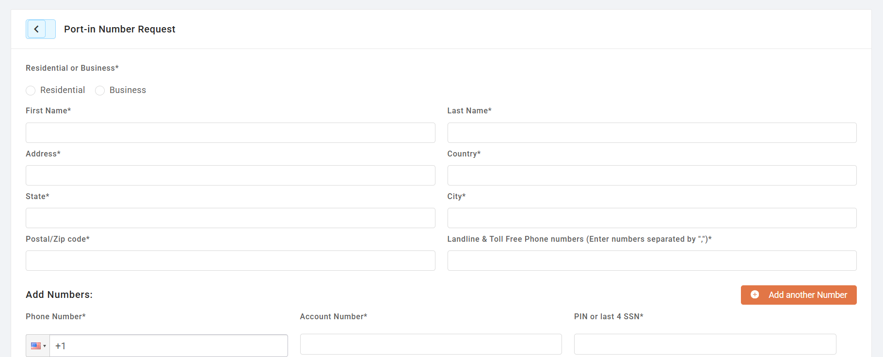 Port-in Number Request form with name, address and number fields