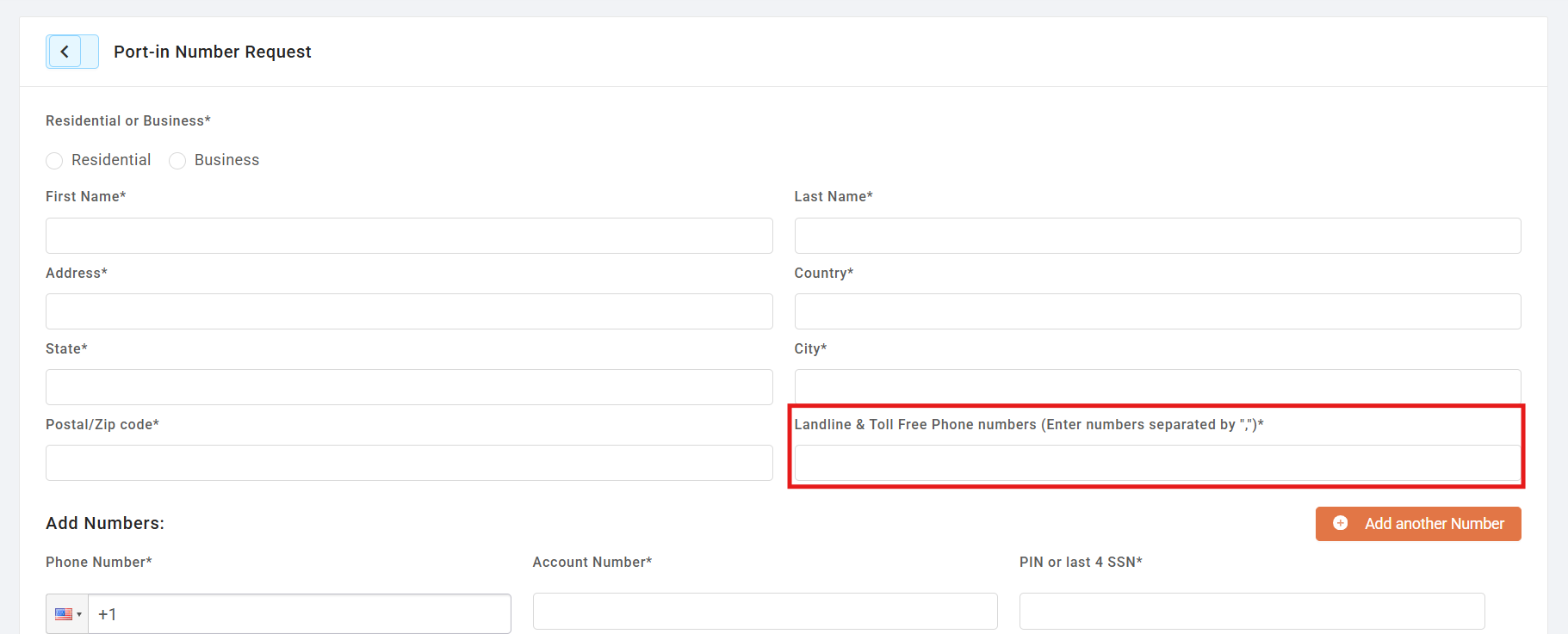 Landline and Toll-Free phone numbers field highlighted on the port-in form