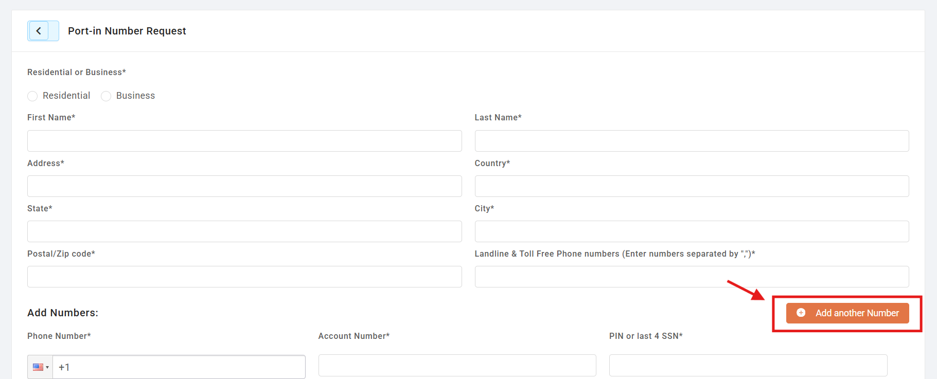 Add another Number button highlighted on the port-in form
