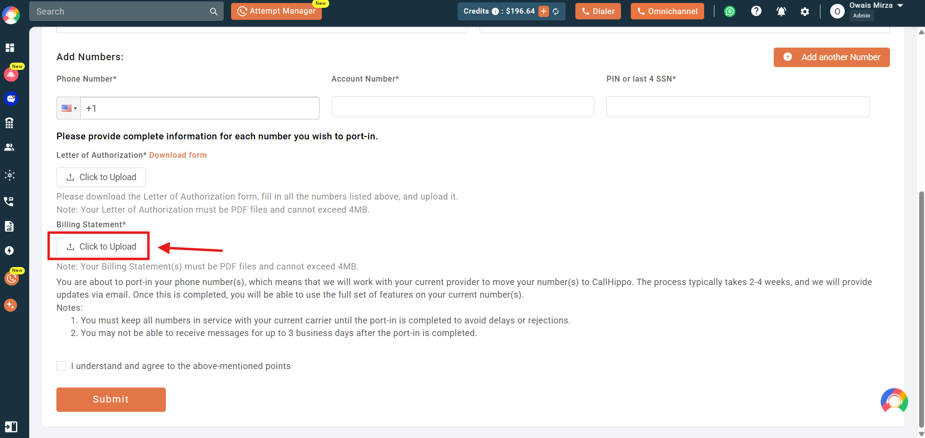Click to Upload button highlighted for the Billing Statement