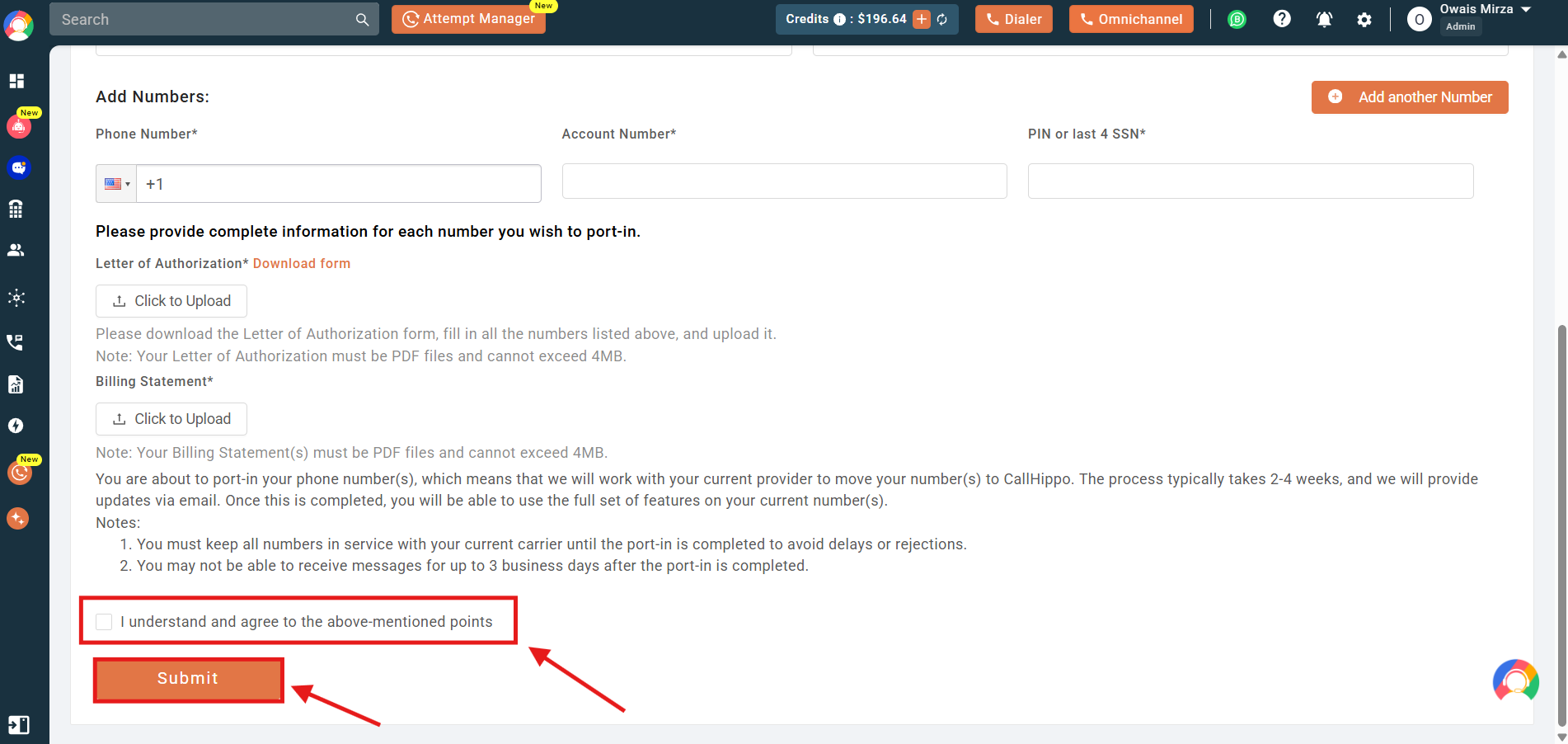 Agreement checkbox and Submit button highlighted on the port-in form