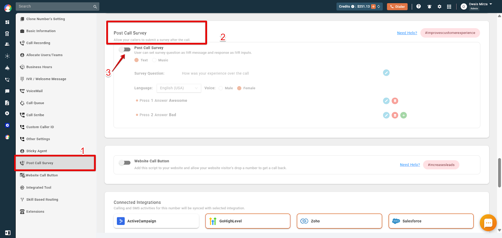 CallHippo Number Settings showing the Post Call Survey section with navigation, section, and enable toggle highlighted