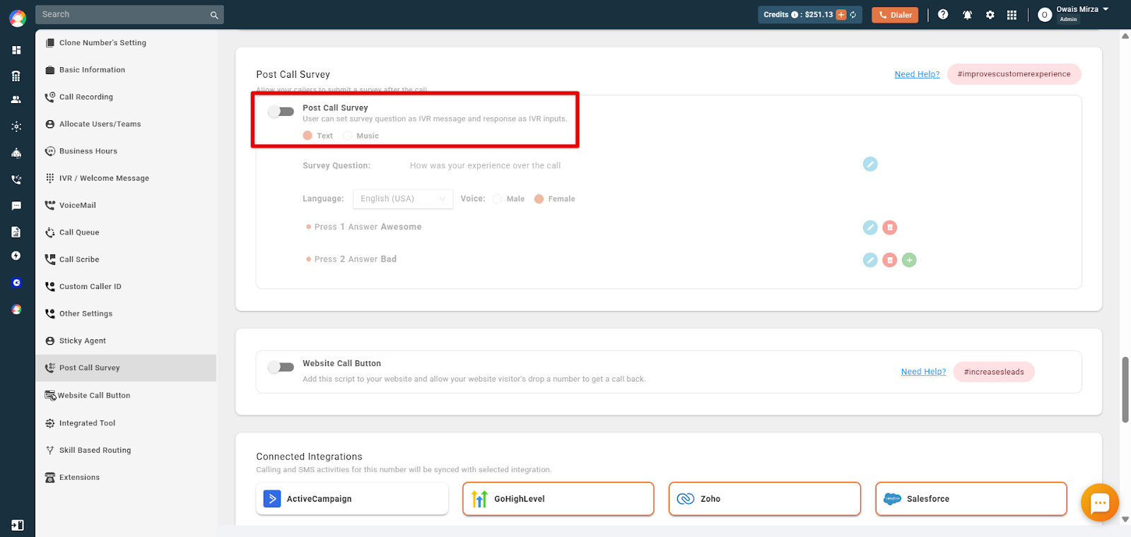 Post Call Survey toggle highlighted with Text and Music message format options