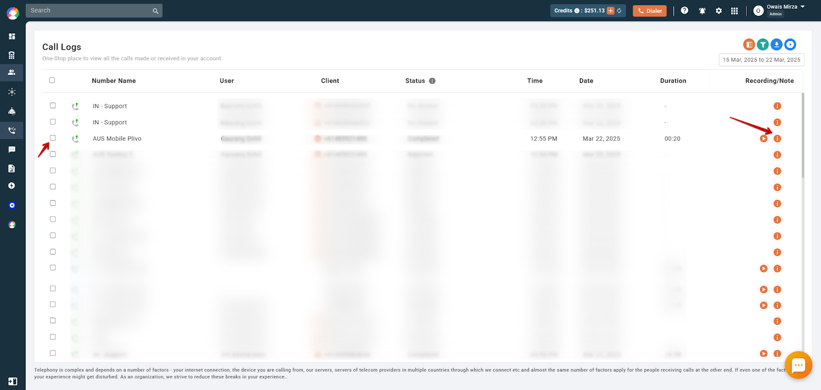 CallHippo Call Logs list with the Information (i) icon highlighted for a call entry